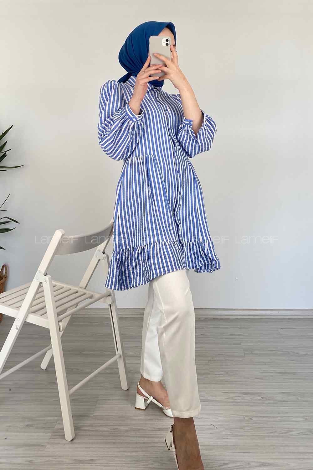Modalamelif Eteği Fırfırlı Çizgili Gömlek Açık Mavi