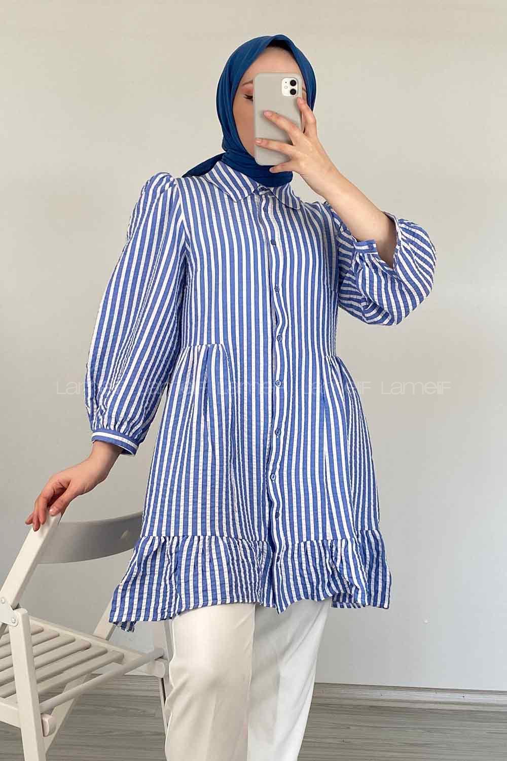 Modalamelif Eteği Fırfırlı Çizgili Gömlek Açık Mavi