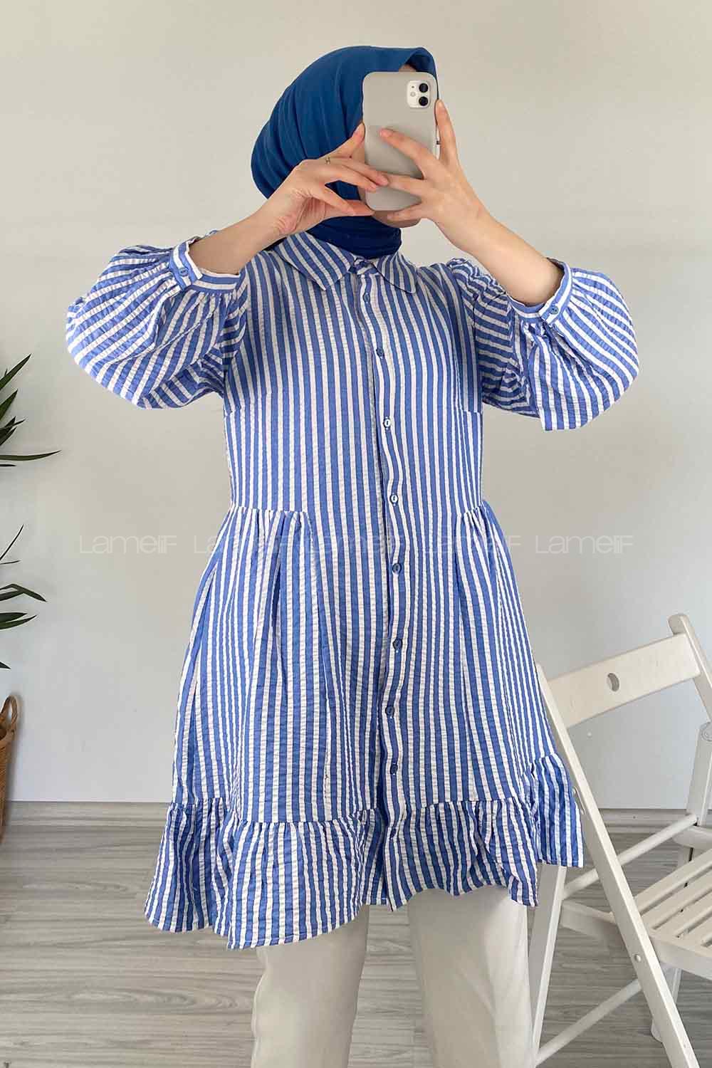 Modalamelif Eteği Fırfırlı Çizgili Gömlek Açık Mavi