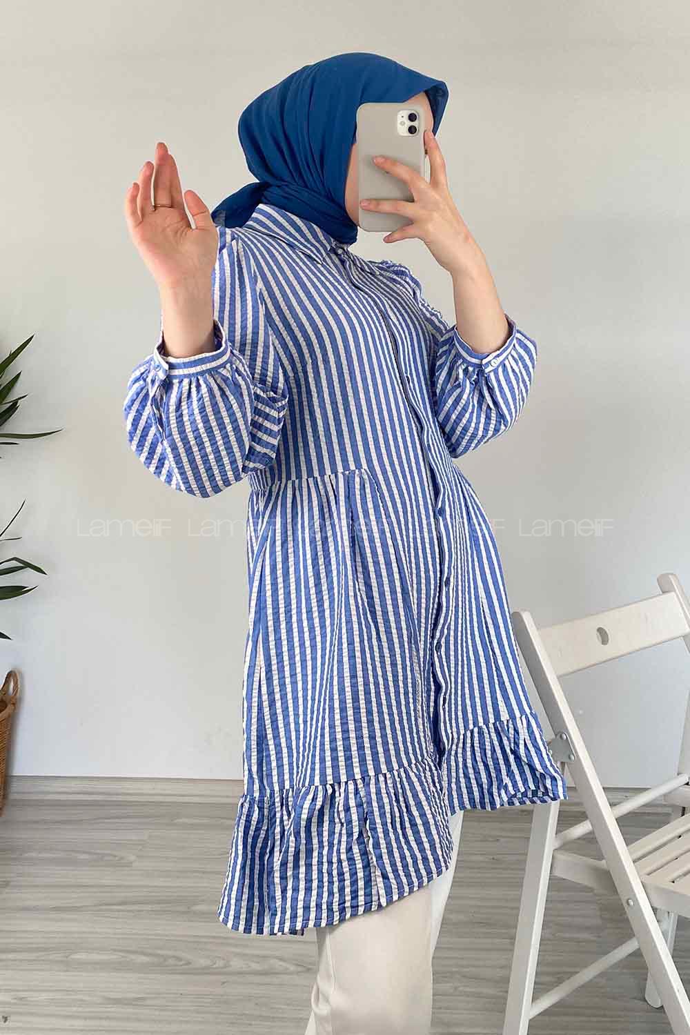 Modalamelif Eteği Fırfırlı Çizgili Gömlek Açık Mavi