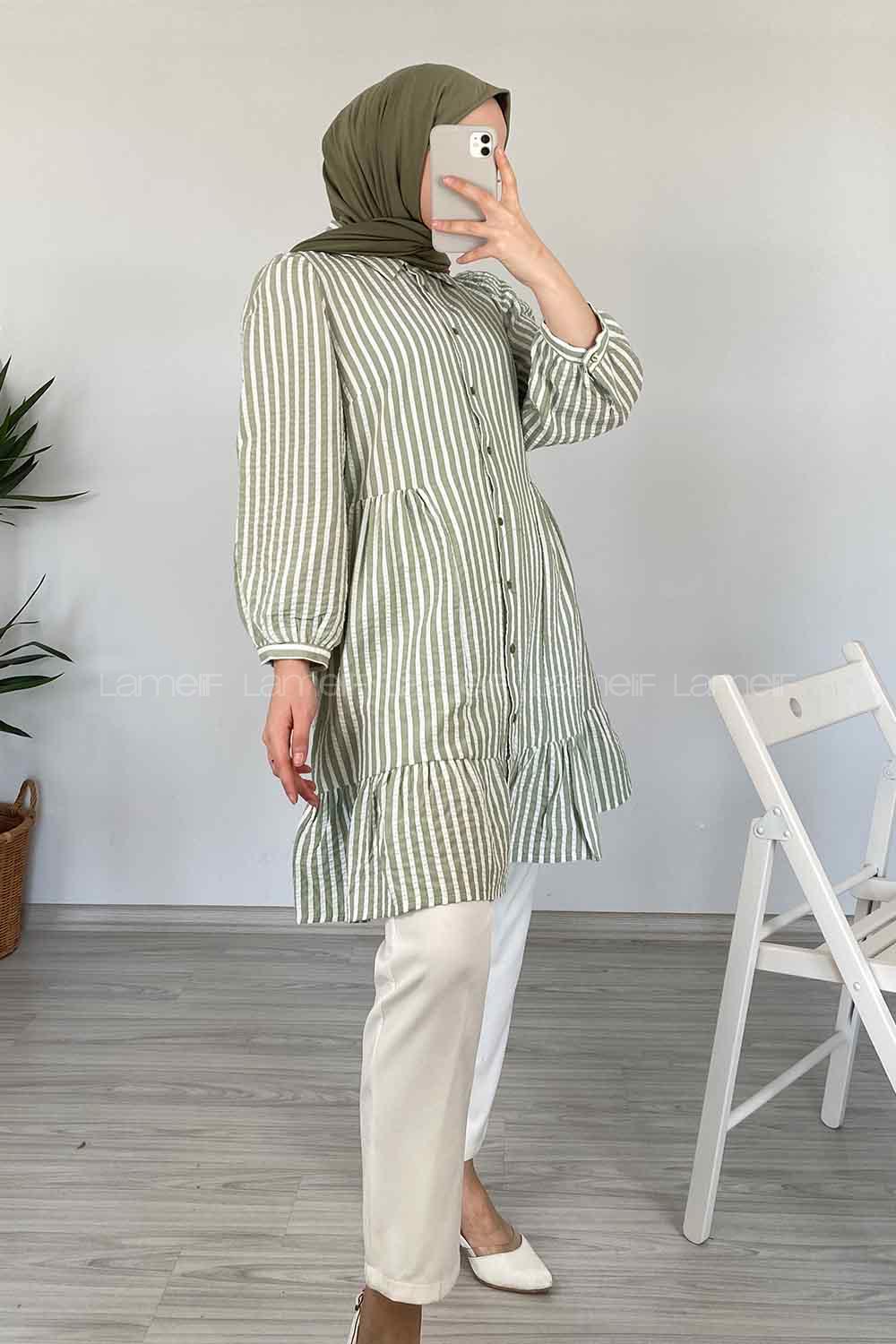Modalamelif Eteği Fırfırlı Çizgili Gömlek Çağla