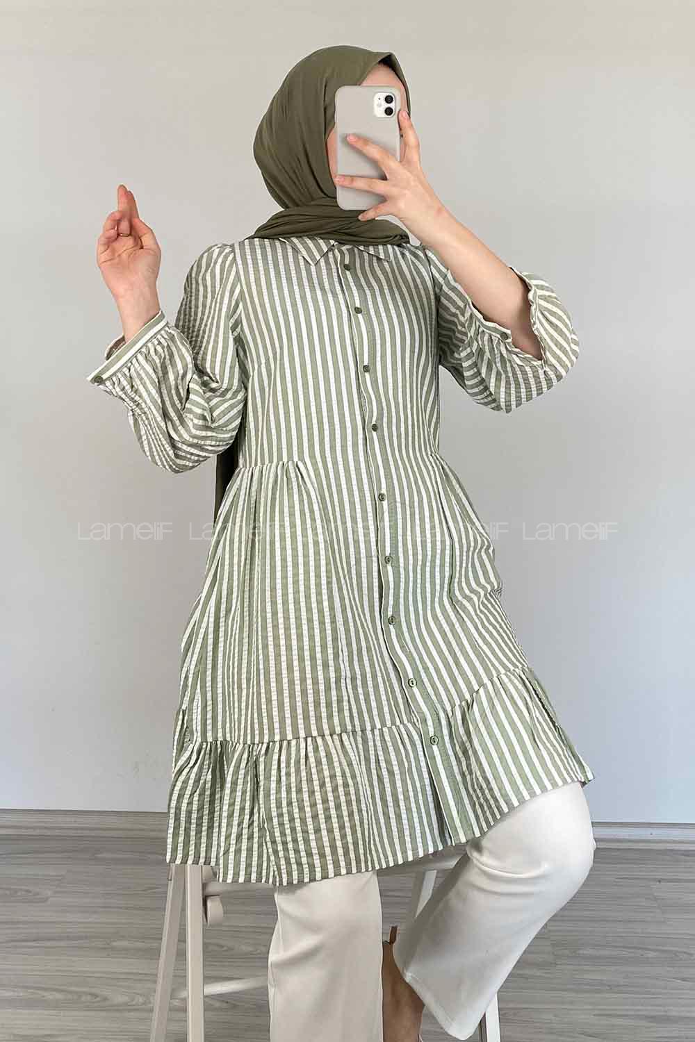 Modalamelif Eteği Fırfırlı Çizgili Gömlek Çağla