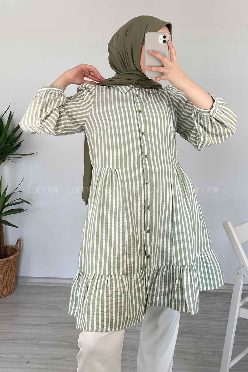 Modalamelif Eteği Fırfırlı Çizgili Gömlek Çağla
