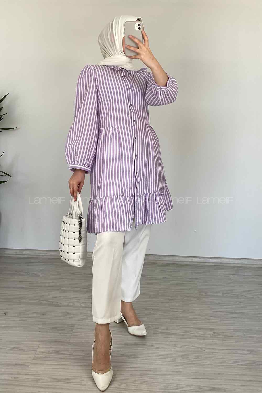 eği Fırfırlı Çizgili Gömlek Lila