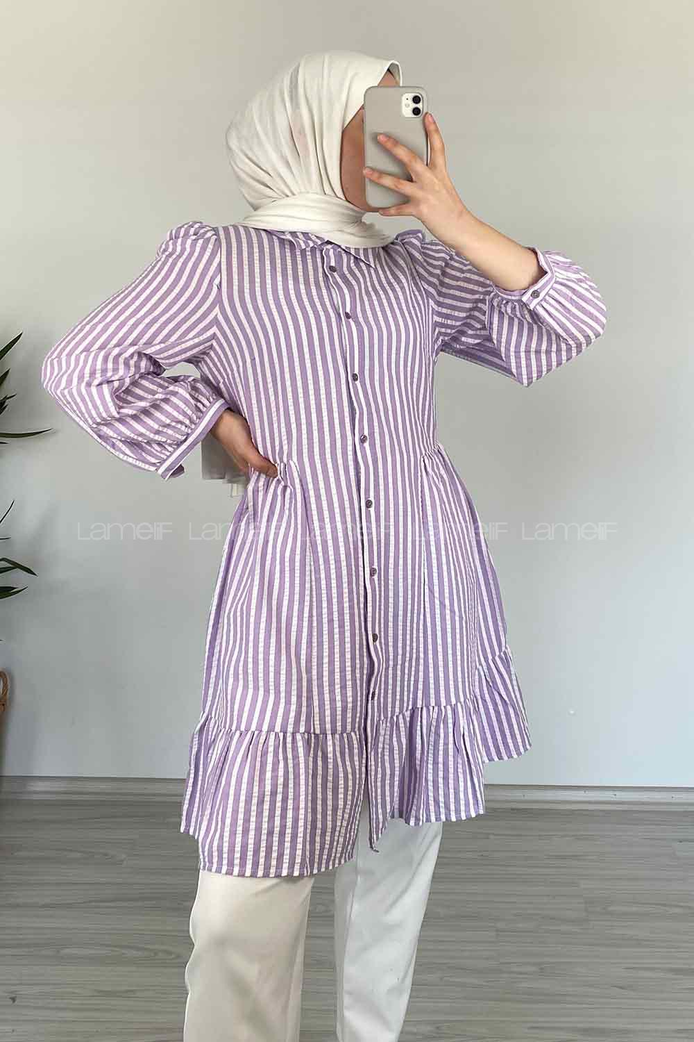 eği Fırfırlı Çizgili Gömlek Lila