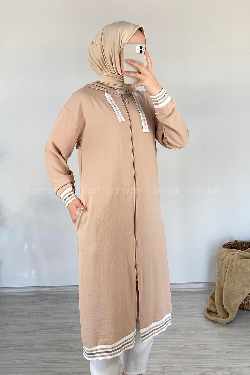 Modalamelif Etek Ucu Şeritli Kapşonlu Tunik Taş