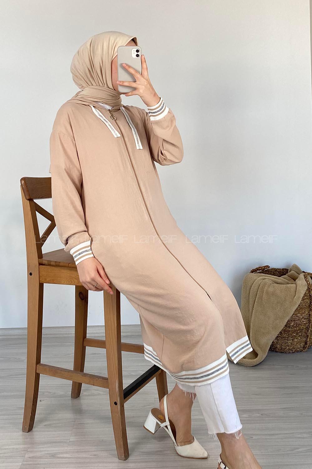 Modalamelif Etek Ucu Şeritli Kapşonlu Tunik Taş