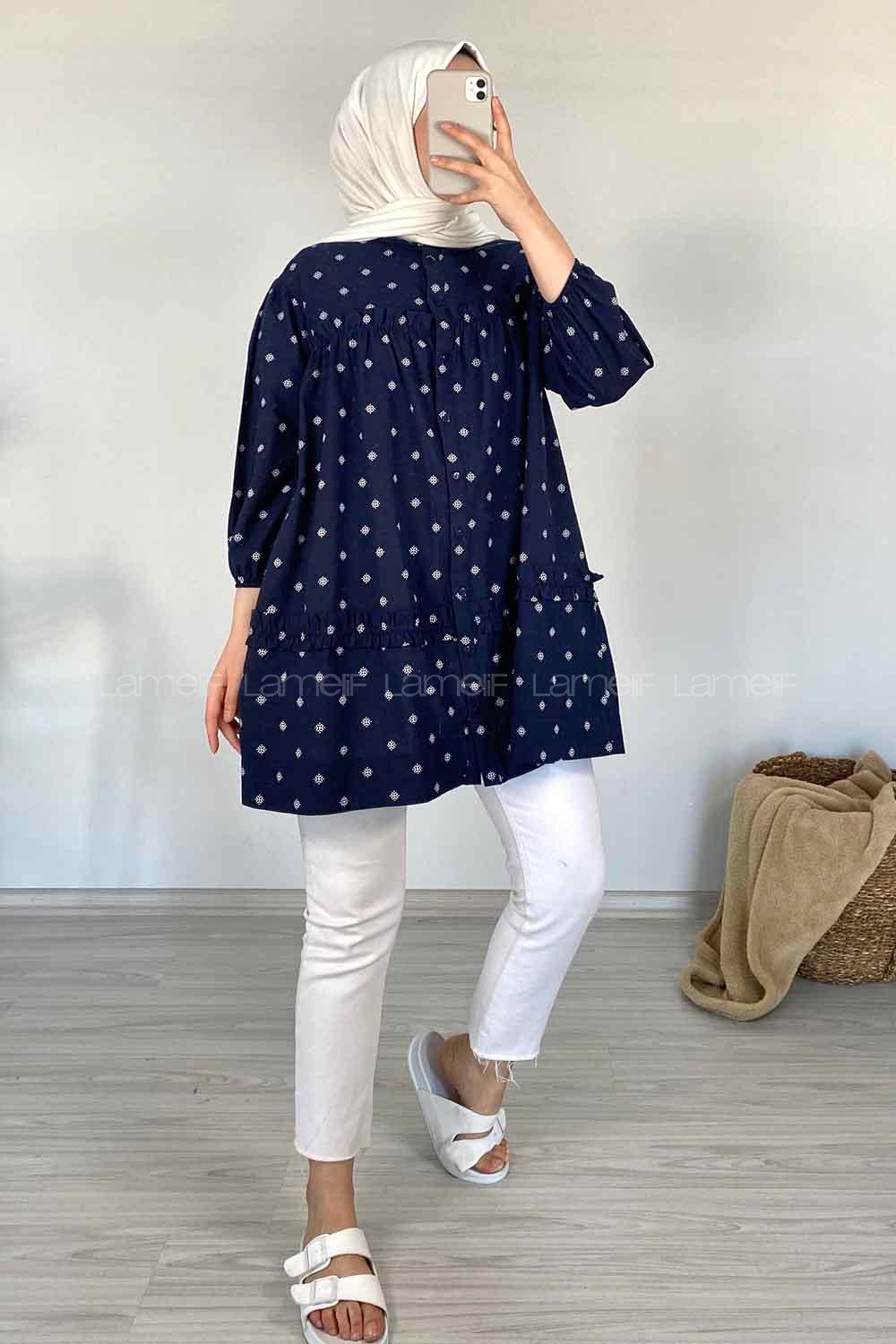 Modalamelif Fırfırlı Desenli Gömlek Lacivert