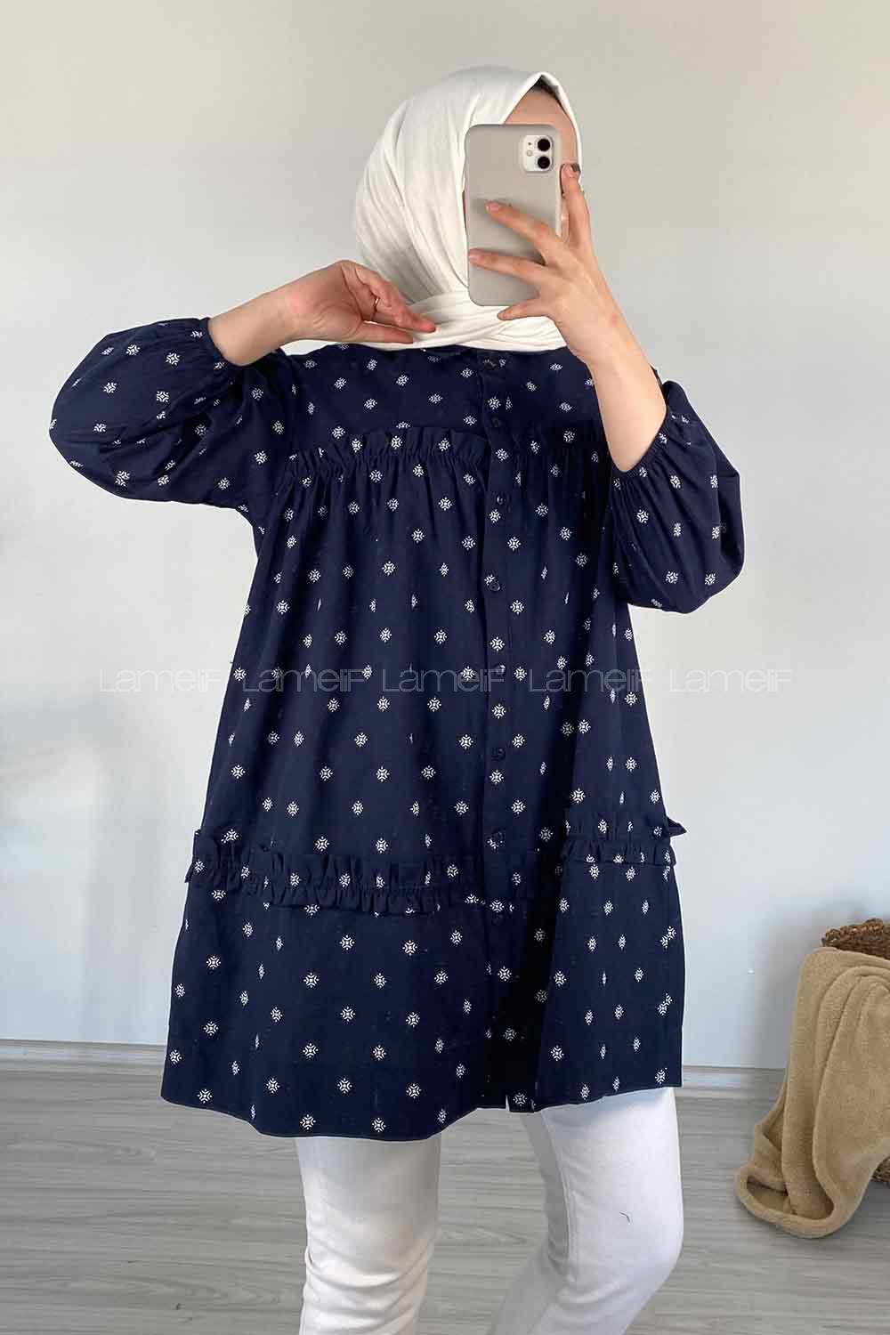 Modalamelif Fırfırlı Desenli Gömlek Lacivert