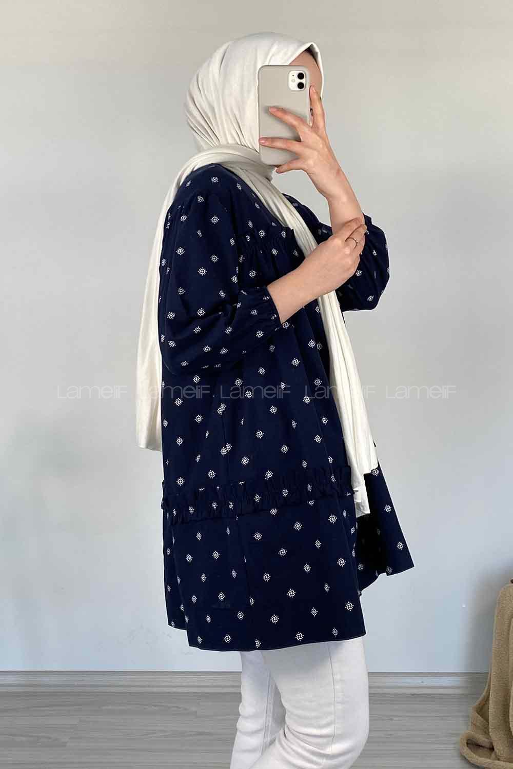 Modalamelif Fırfırlı Desenli Gömlek Lacivert