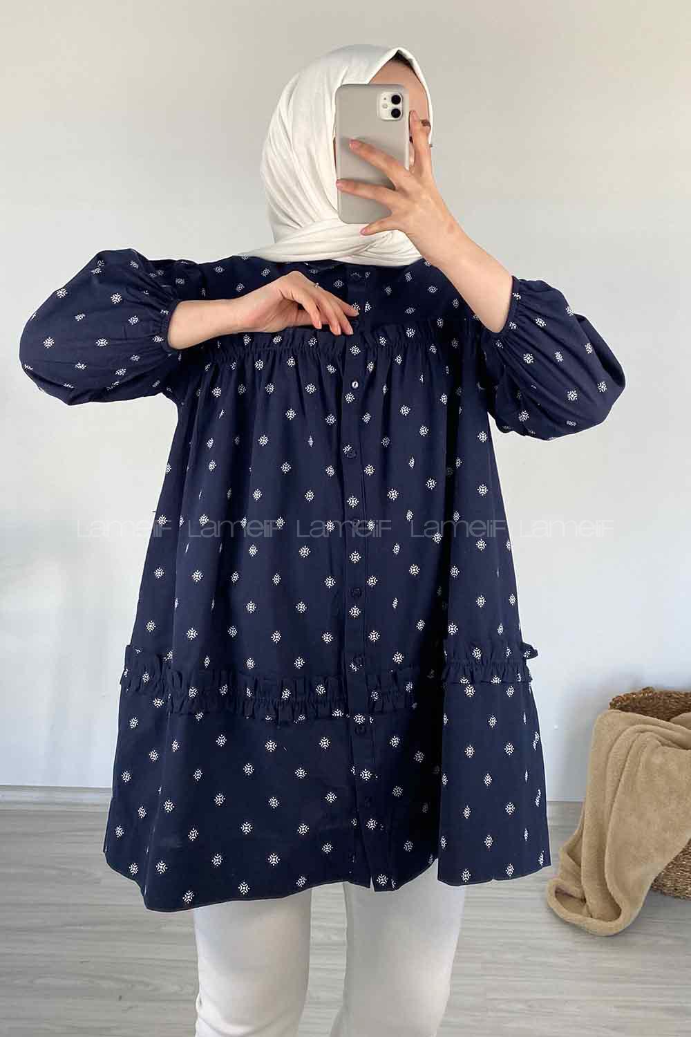 Modalamelif Fırfırlı Desenli Gömlek Lacivert