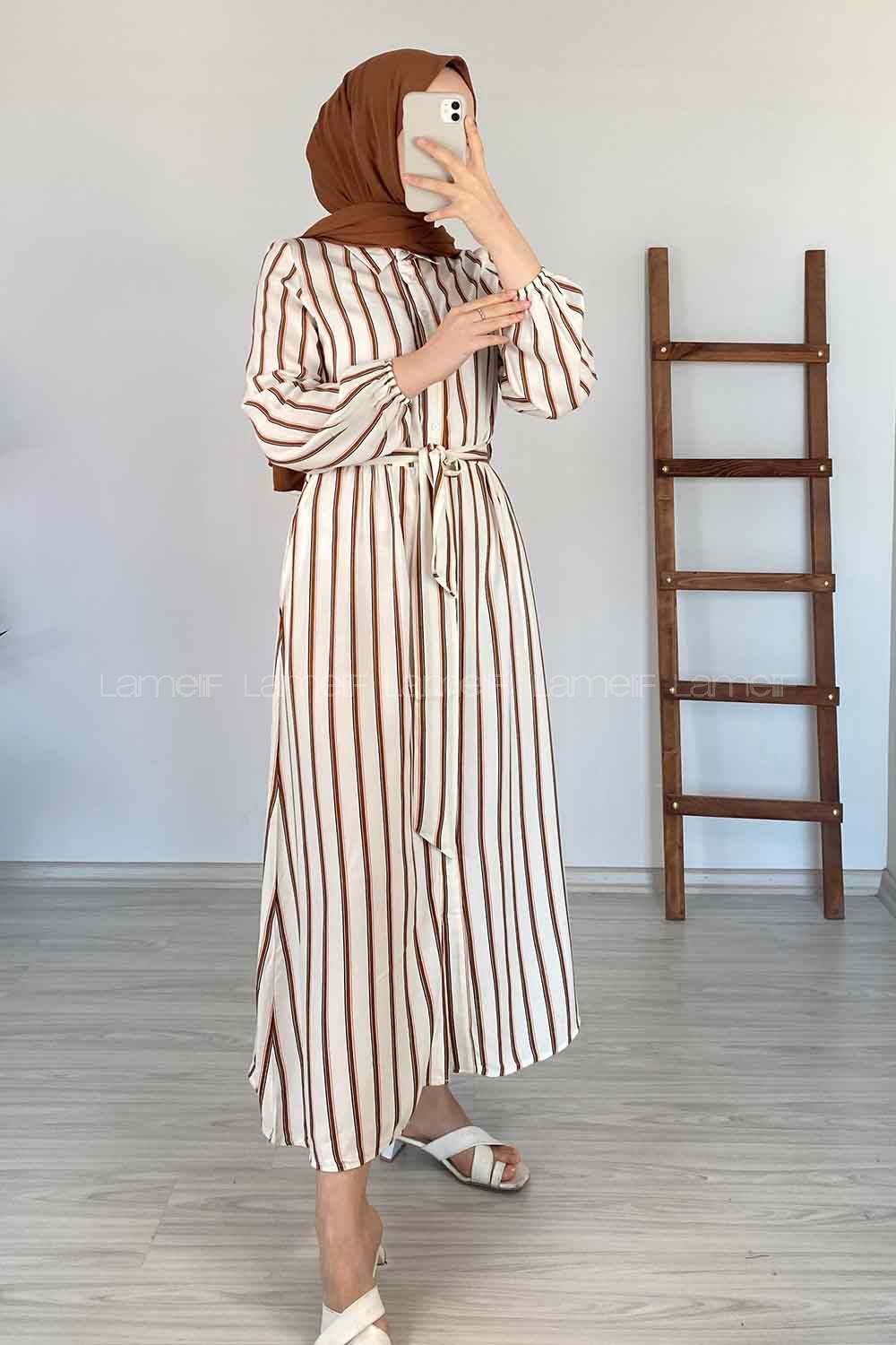 Modalamelif Gömlek Yaka Çizgili Elbise Kahve
