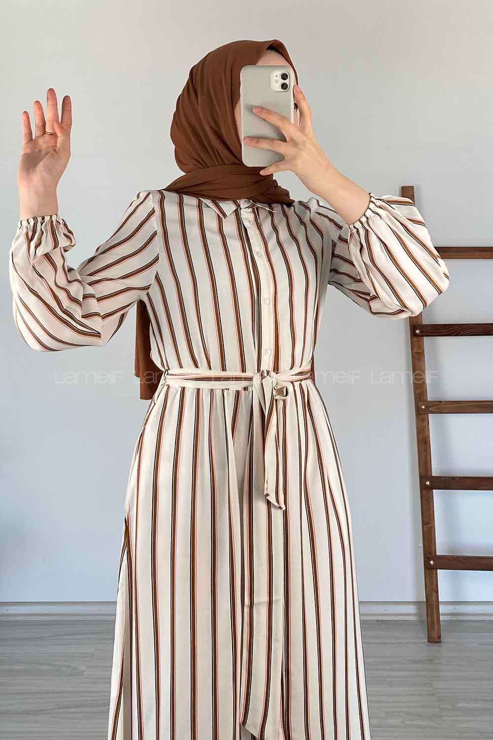Modalamelif Gömlek Yaka Çizgili Elbise Kahve