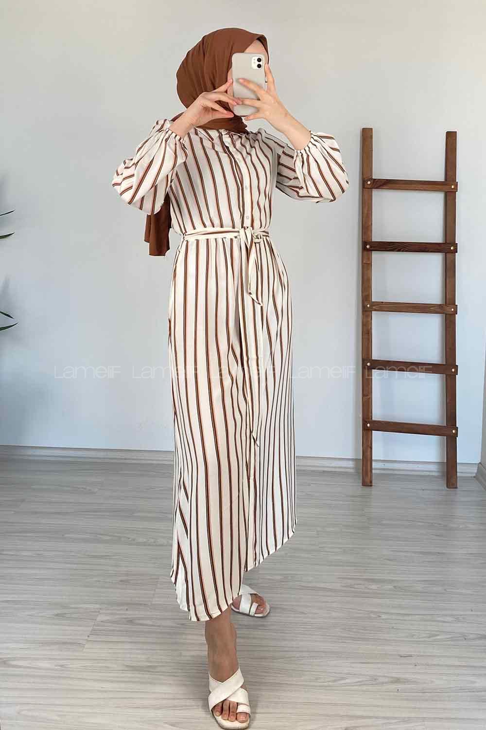 Modalamelif Gömlek Yaka Çizgili Elbise Kahve