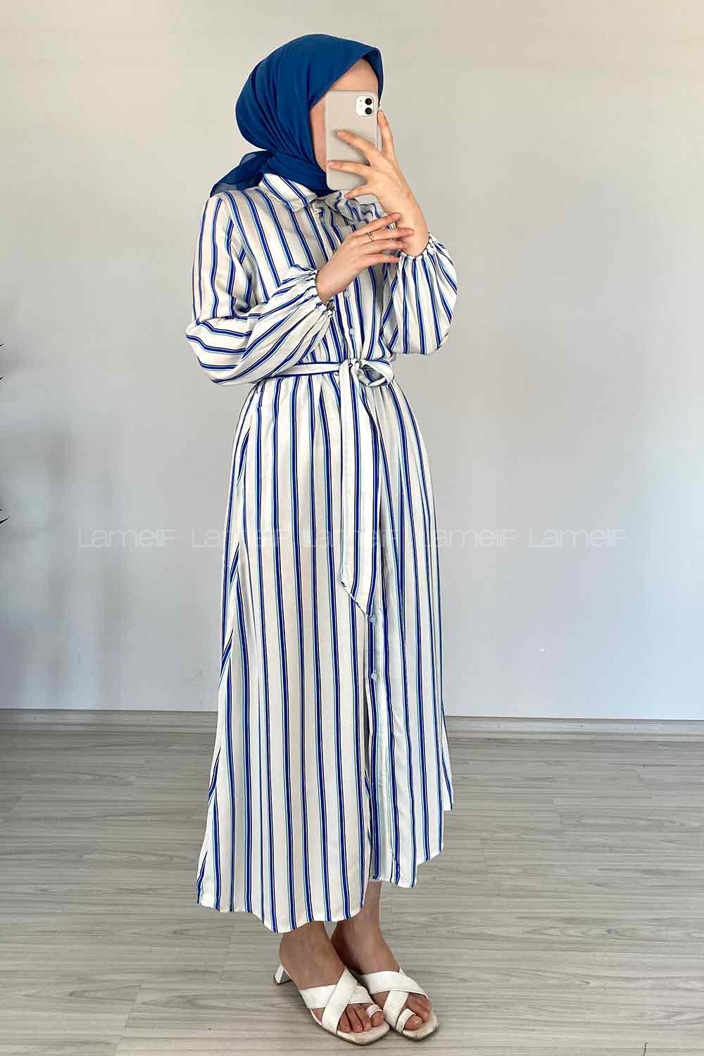 Modalamelif Gömlek Yaka Çizgili Elbise Mavi