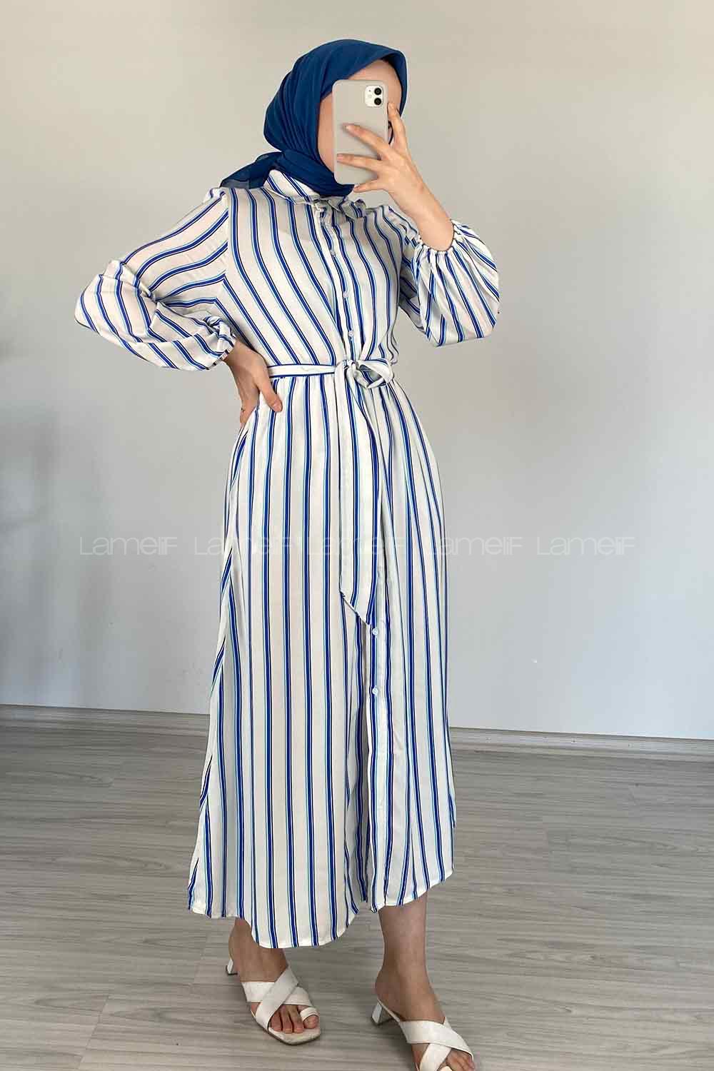 Modalamelif Gömlek Yaka Çizgili Elbise Mavi