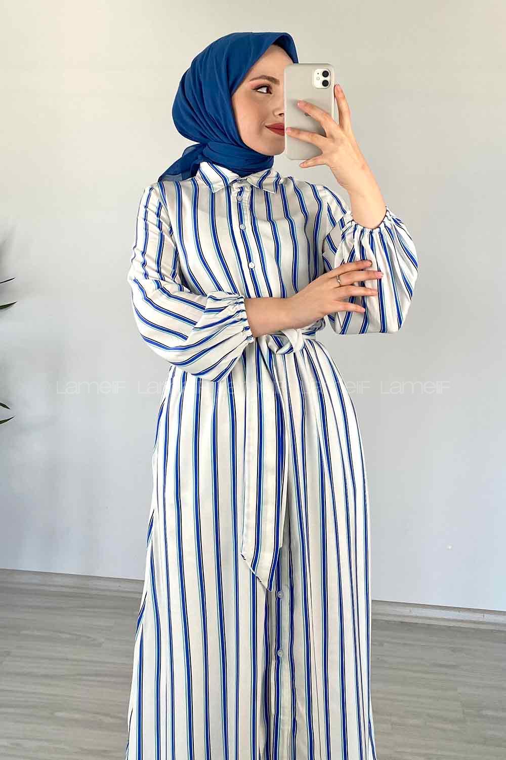 Modalamelif Gömlek Yaka Çizgili Elbise Mavi