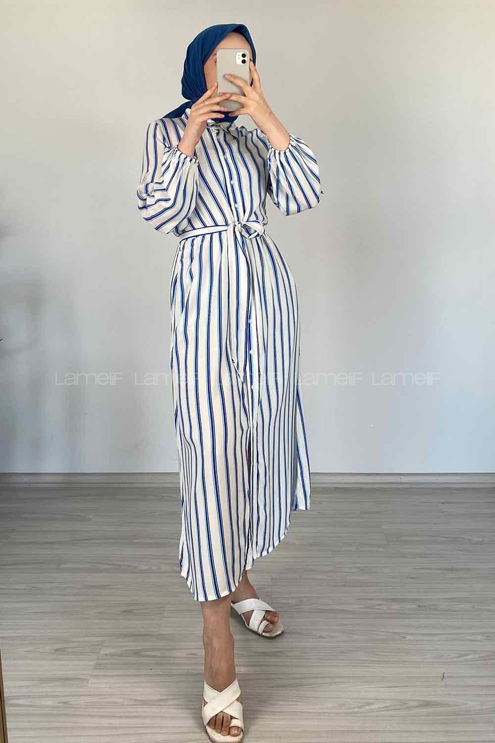 Modalamelif Gömlek Yaka Çizgili Elbise Mavi
