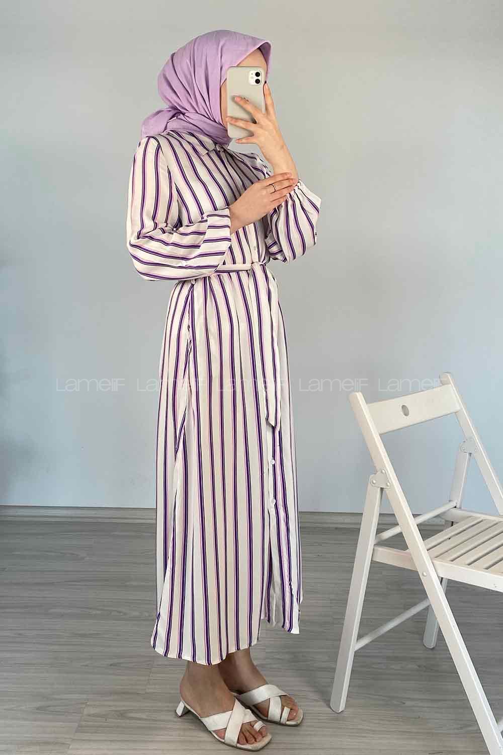 Modalamelif Gömlek Yaka Çizgili Elbise Mor