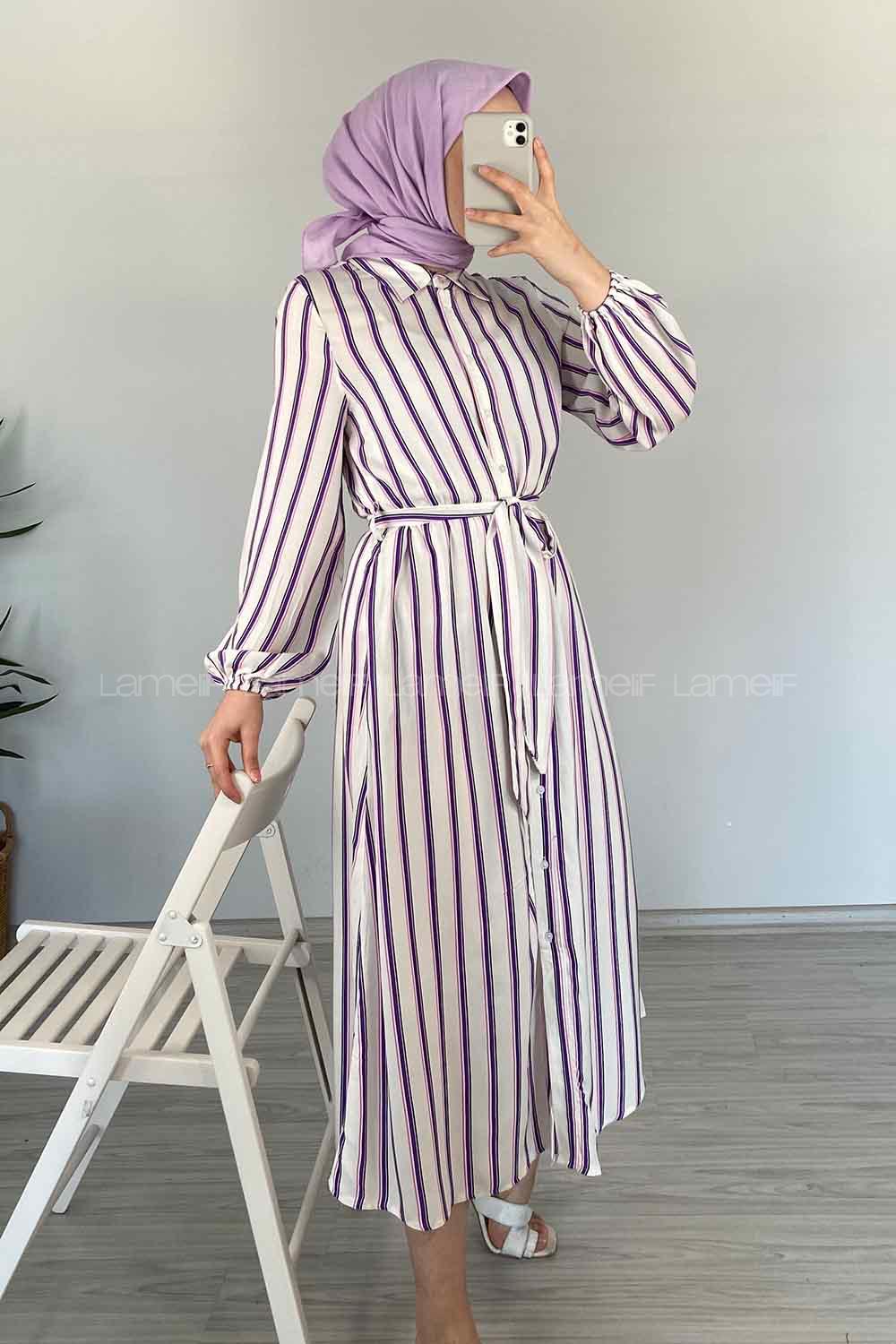 Modalamelif Gömlek Yaka Çizgili Elbise Mor