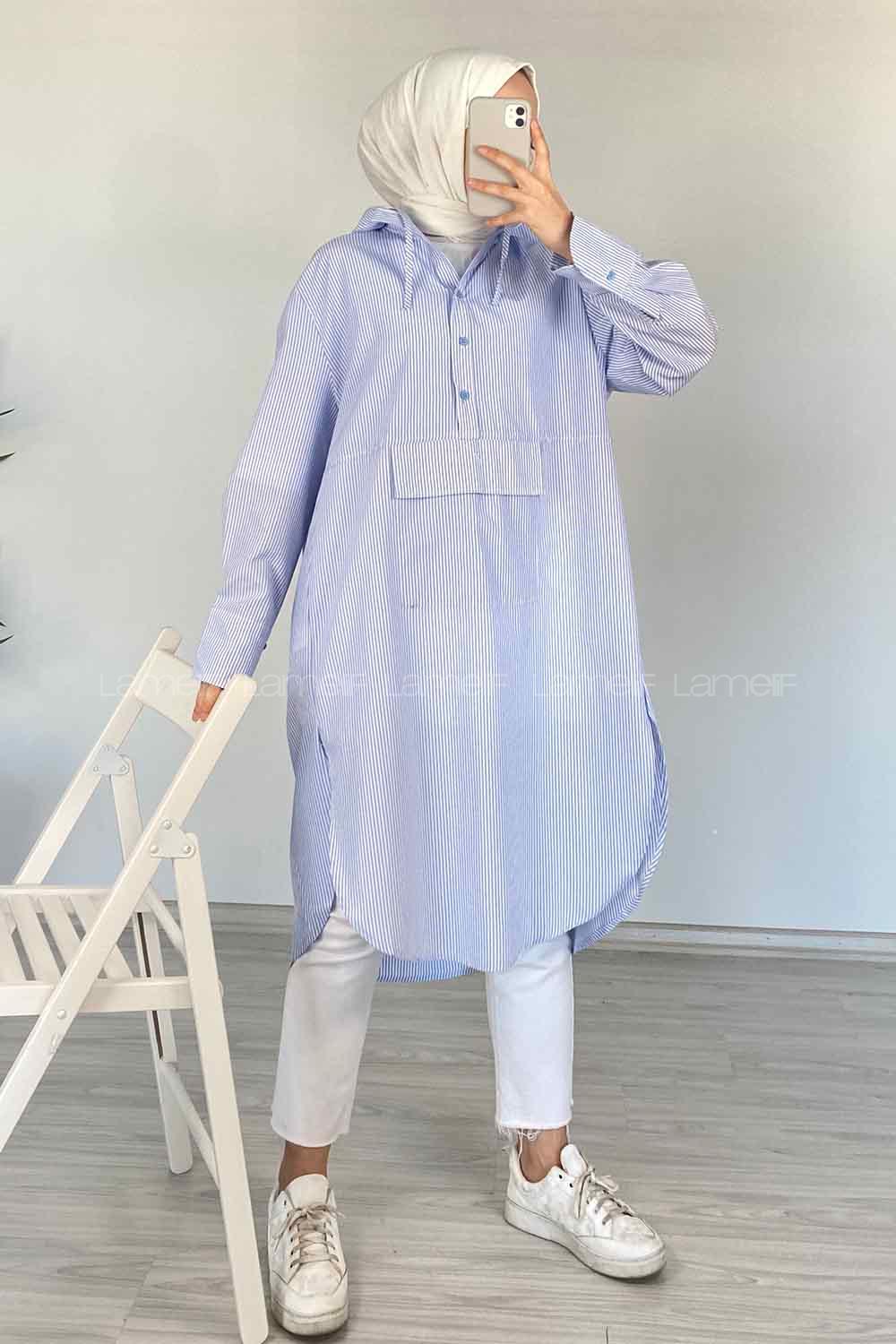 Modalamelif Kanguru Cep Çizgili Kapşonlu Tunik Açık Mavi