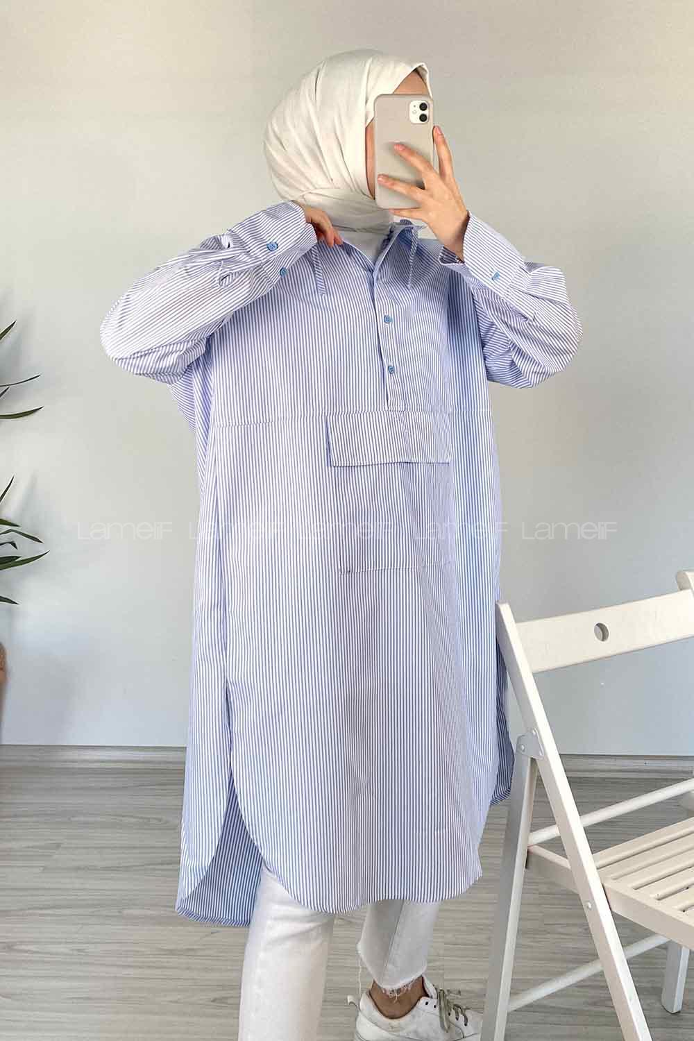 Modalamelif Kanguru Cep Çizgili Kapşonlu Tunik Açık Mavi