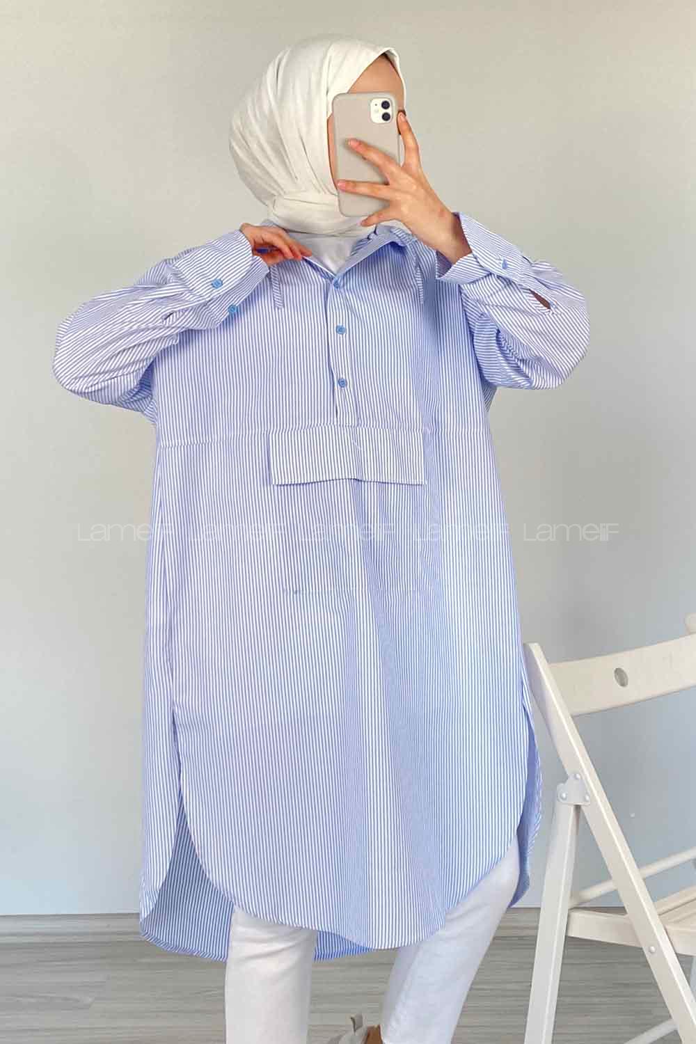 Modalamelif Kanguru Cep Çizgili Kapşonlu Tunik Açık Mavi