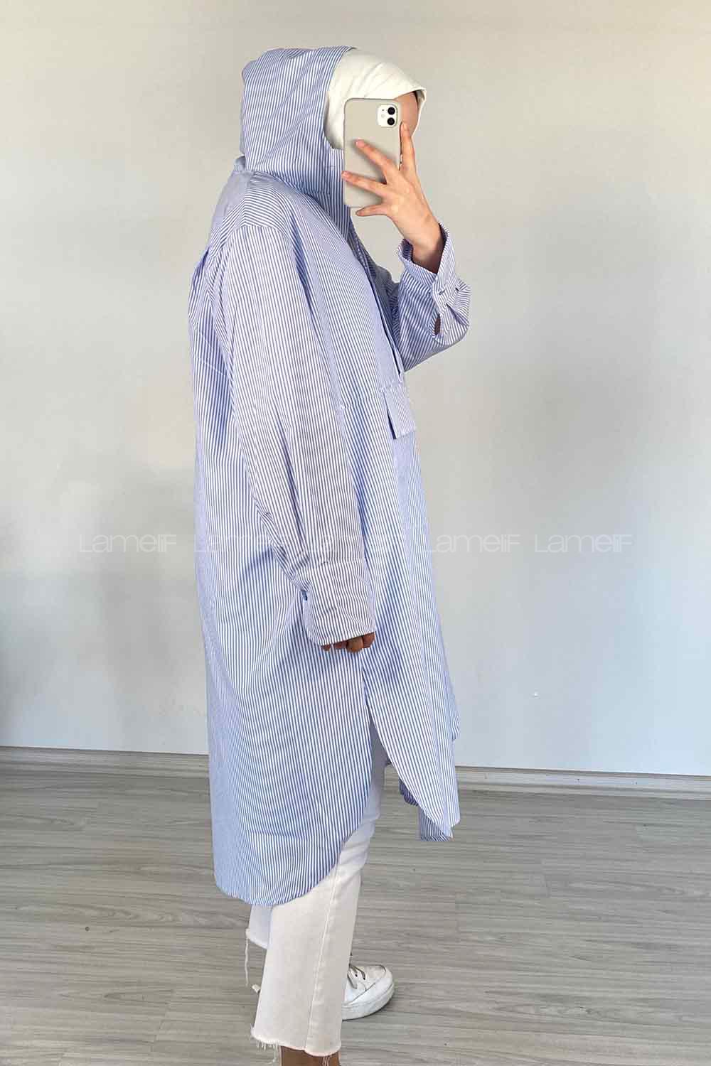 Modalamelif Kanguru Cep Çizgili Kapşonlu Tunik Açık Mavi