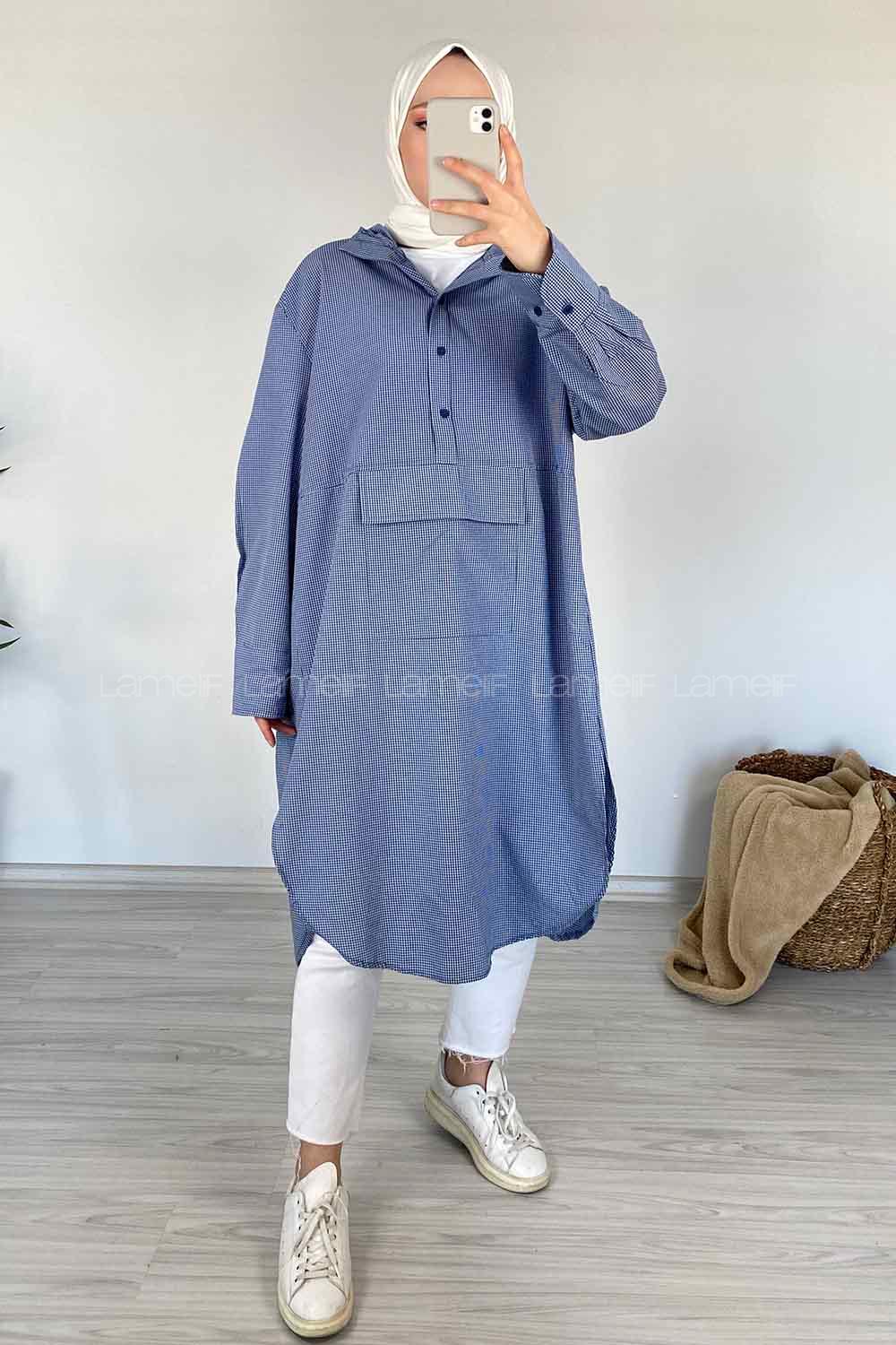 Modalamelif Kanguru Cep Pötikare Kapşonlu Tunik Mavi