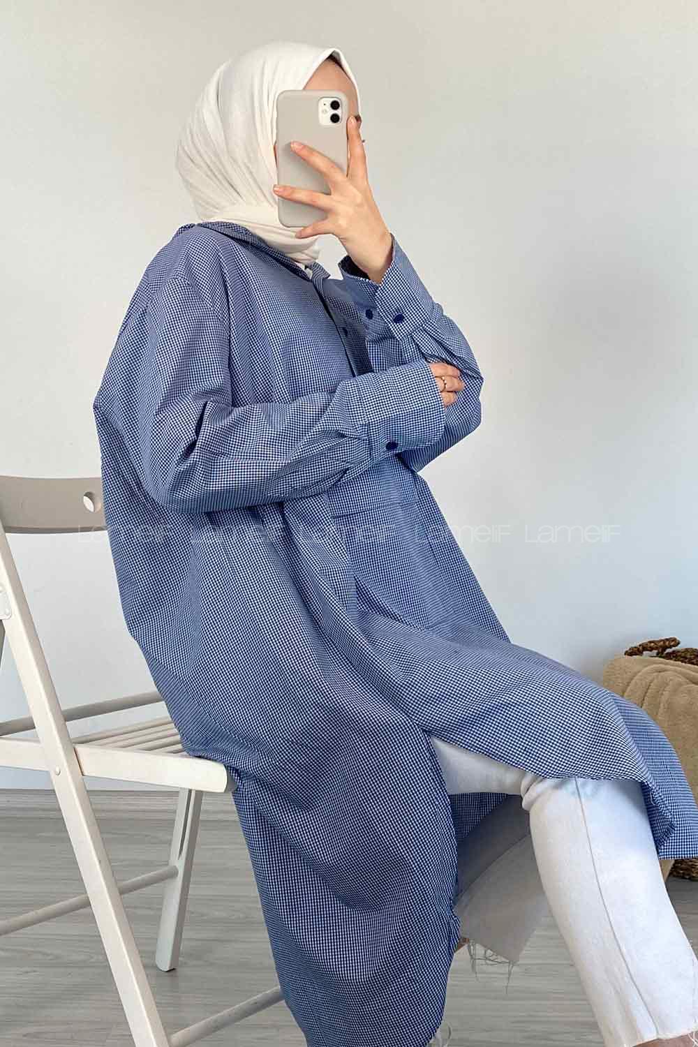 Modalamelif Kanguru Cep Pötikare Kapşonlu Tunik Mavi