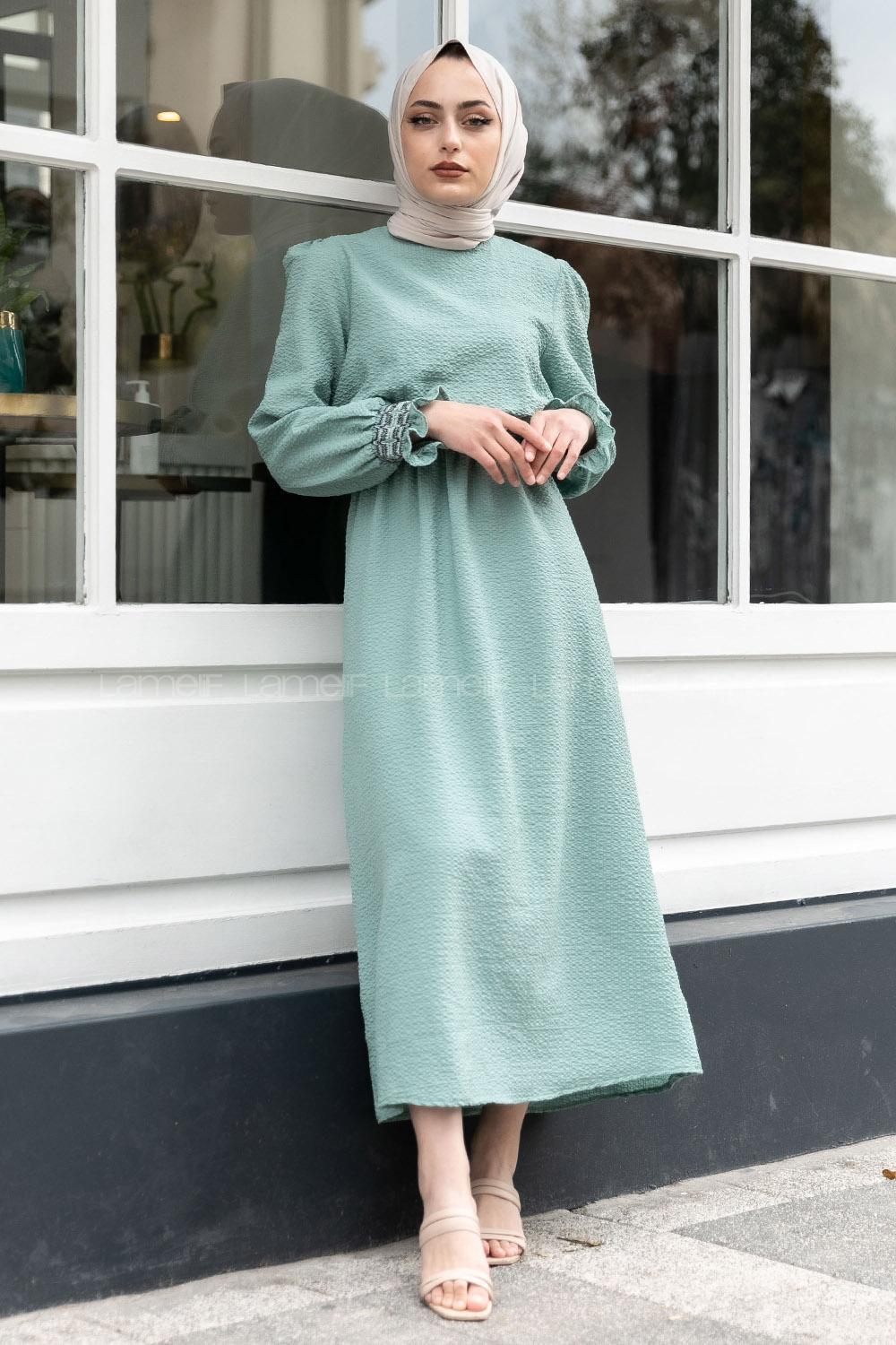 Modalamelif Kol Lastikli Gipeli Elbise Pastel Yeşili