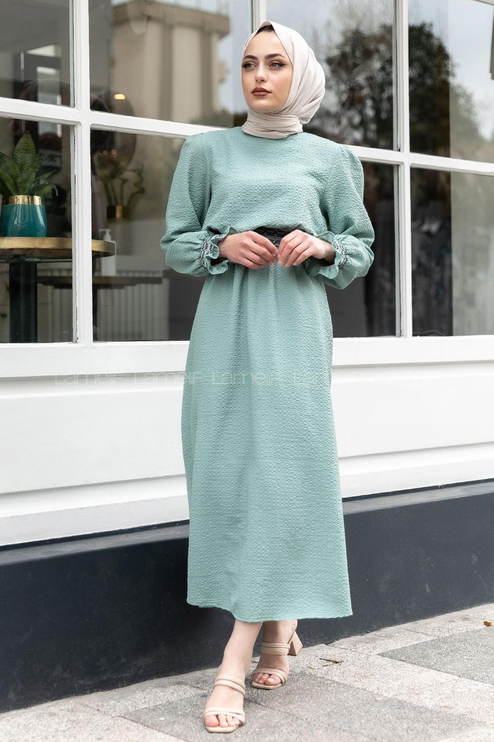 Modalamelif Kol Lastikli Gipeli Elbise Pastel Yeşili