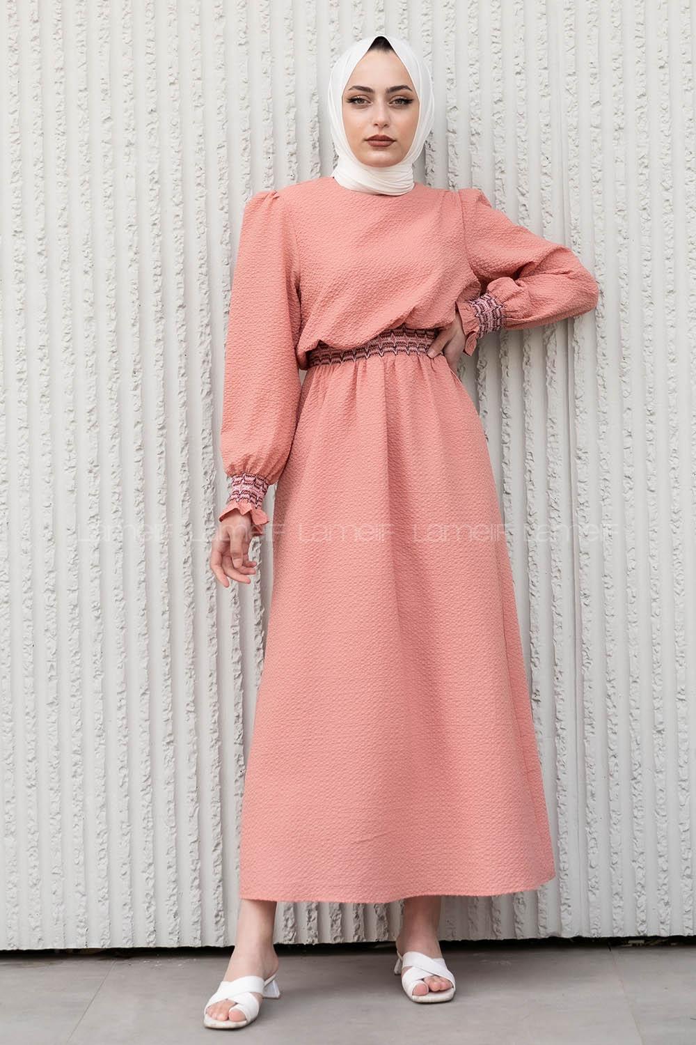 Modalamelif Kol Lastikli Gipeli Elbise Pudra