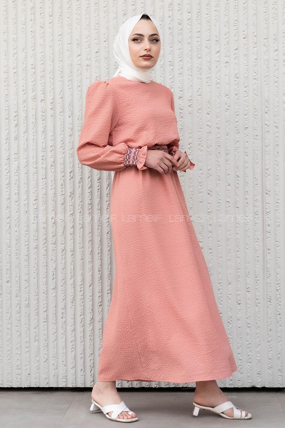 Modalamelif Kol Lastikli Gipeli Elbise Pudra