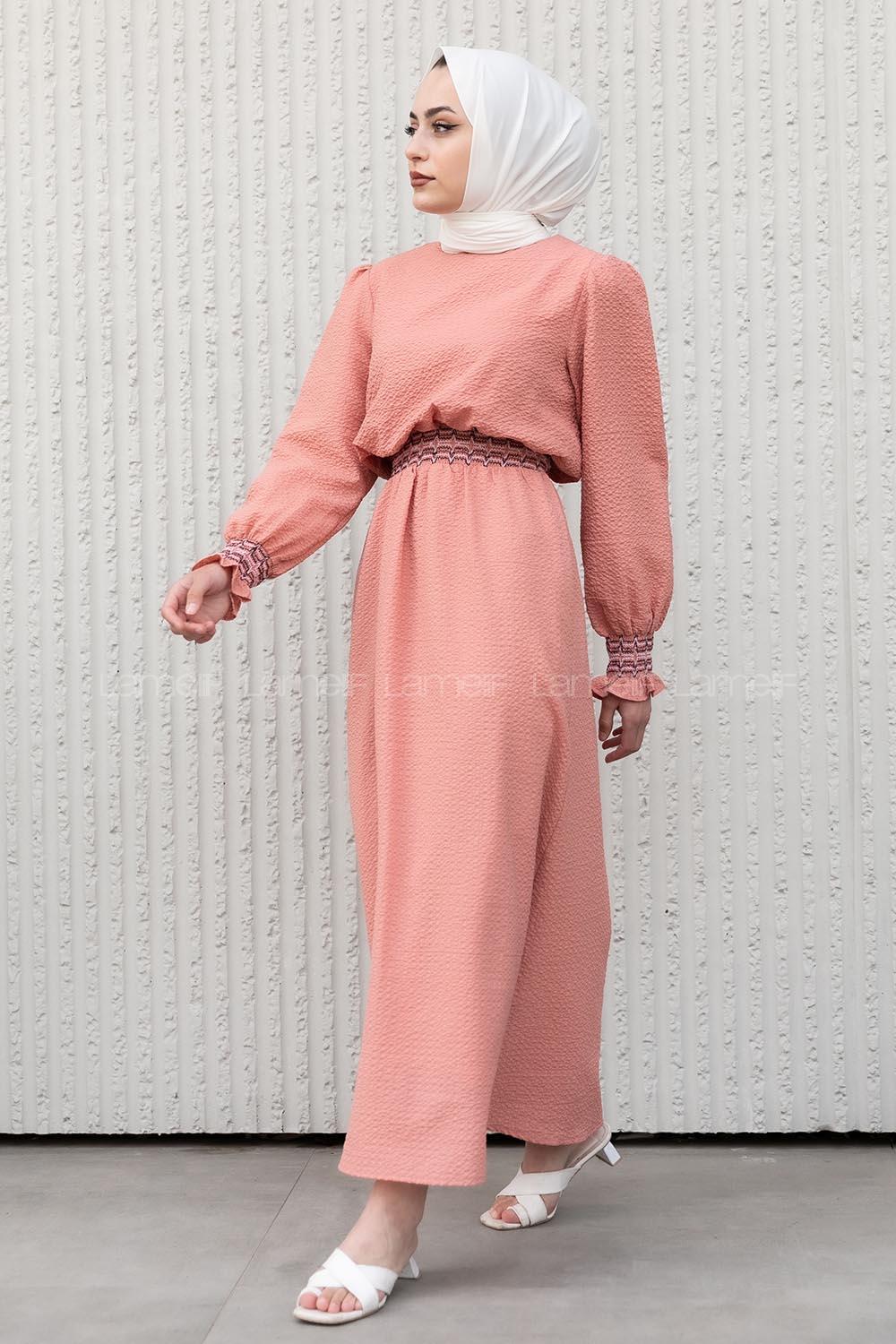 Modalamelif Kol Lastikli Gipeli Elbise Pudra