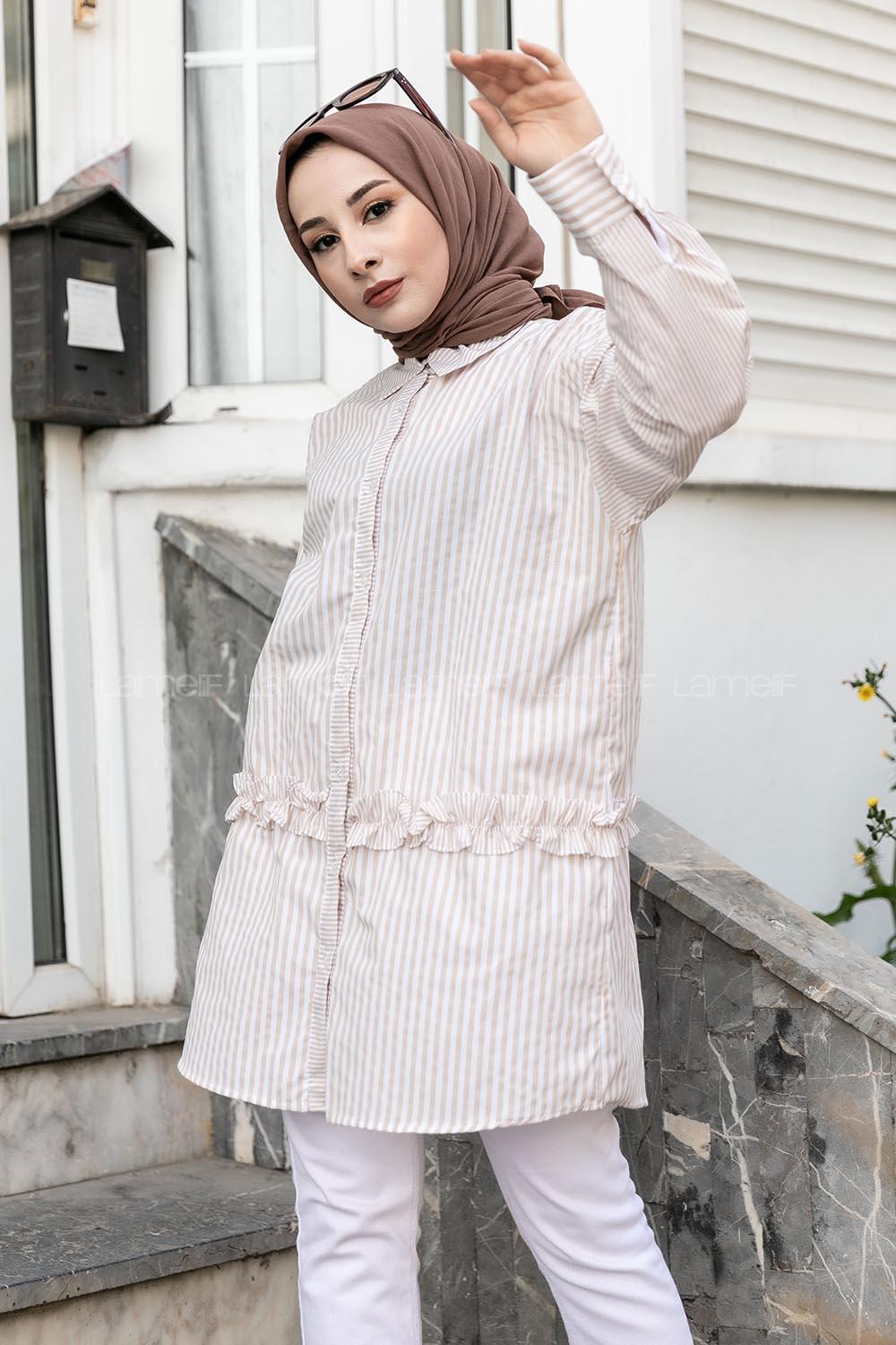 Modalamelif Önü Düğmeli Çizgili Gömlek Bej