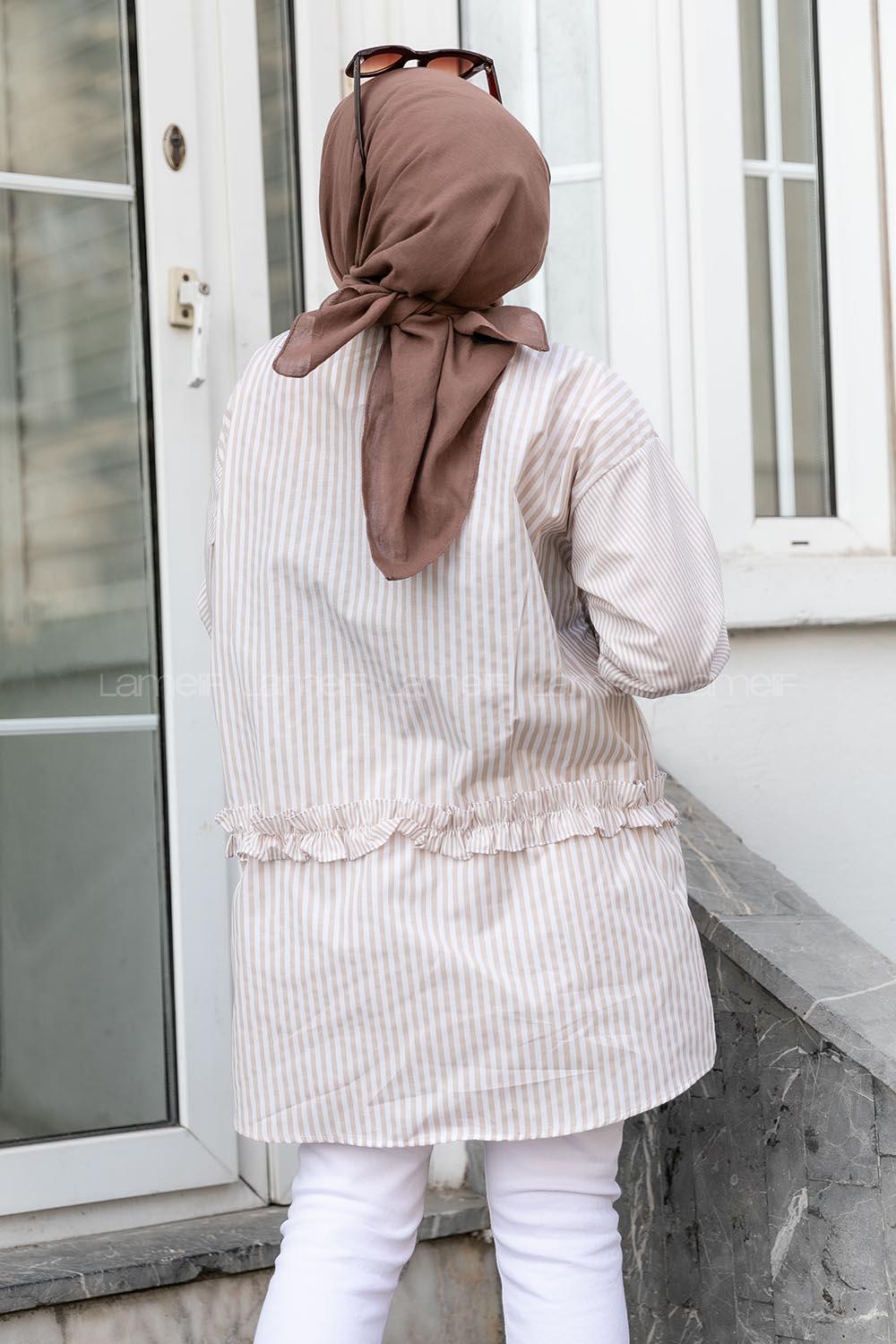 Modalamelif Önü Düğmeli Çizgili Gömlek Bej
