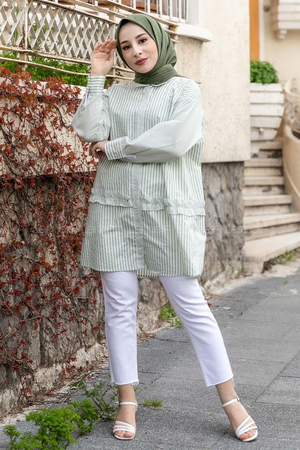 Modalamelif Önü Düğmeli Çizgili Gömlek Fıstık Yeşili