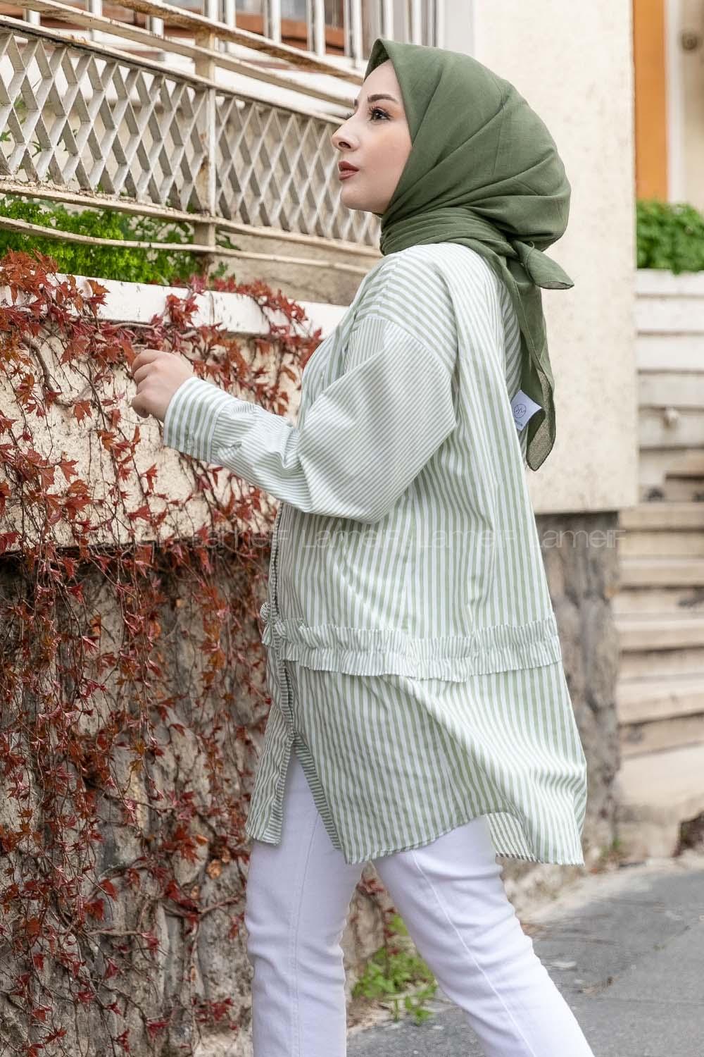 Modalamelif Önü Düğmeli Çizgili Gömlek Fıstık Yeşili