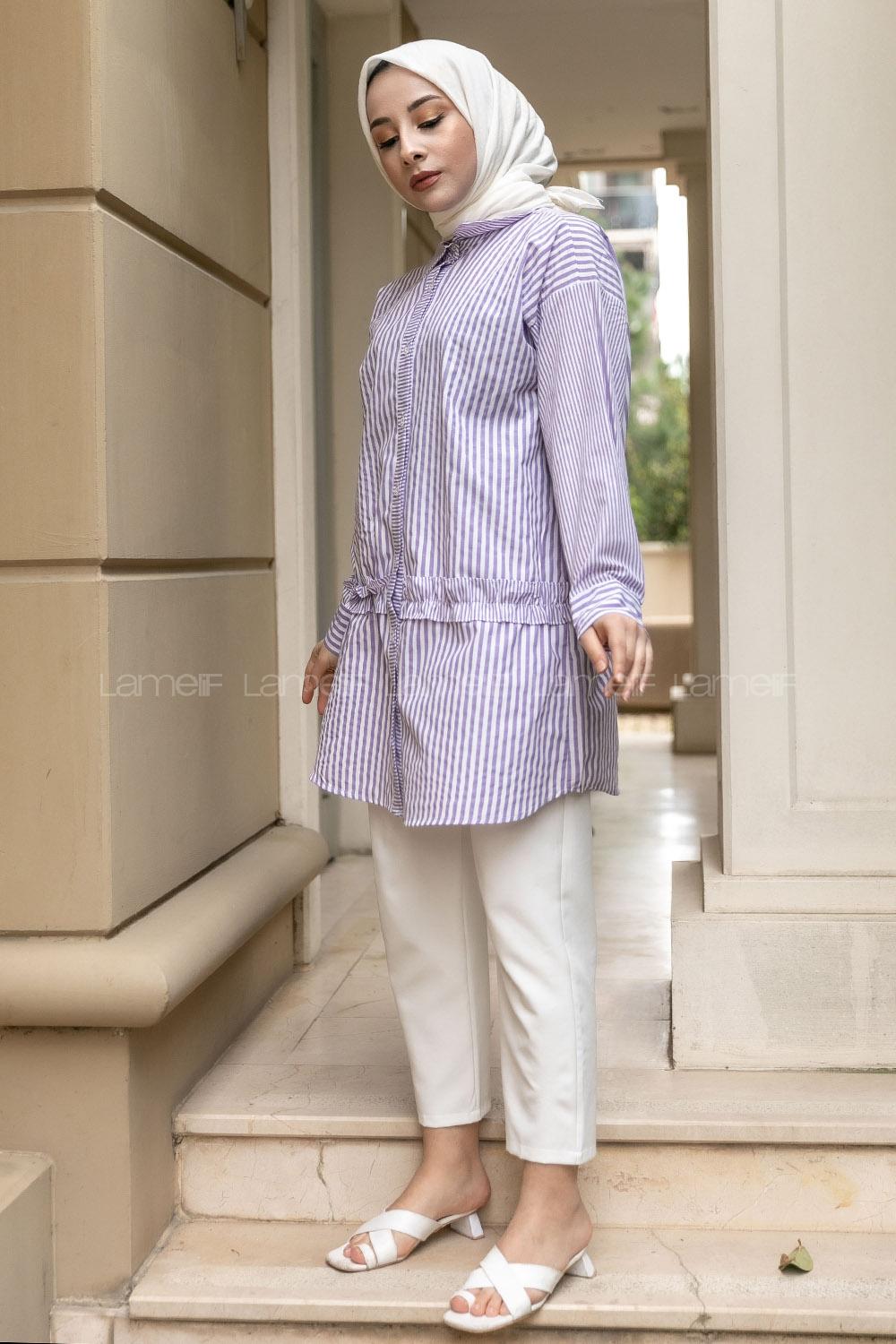 Modalamelif Önü Düğmeli Çizgili Gömlek Lila