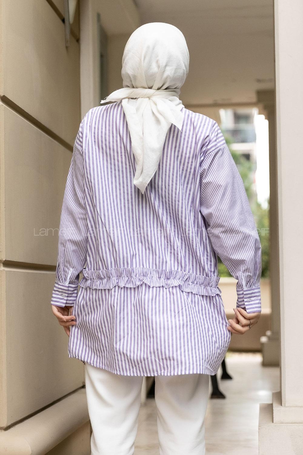 Modalamelif Önü Düğmeli Çizgili Gömlek Lila