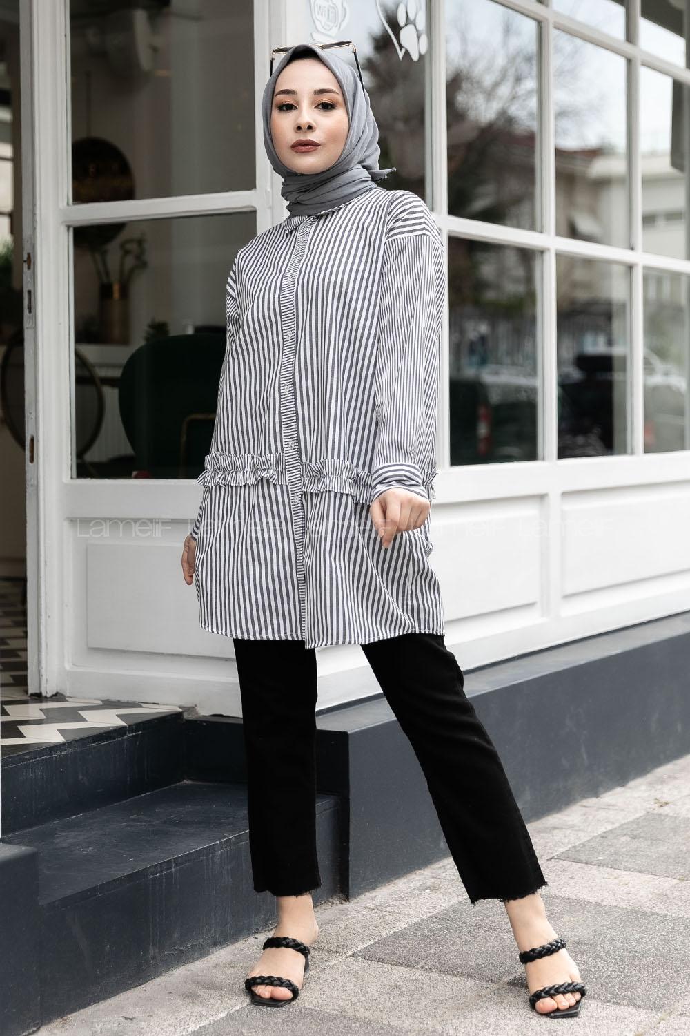 Modalamelif Önü Düğmeli Çizgili Gömlek Siyah