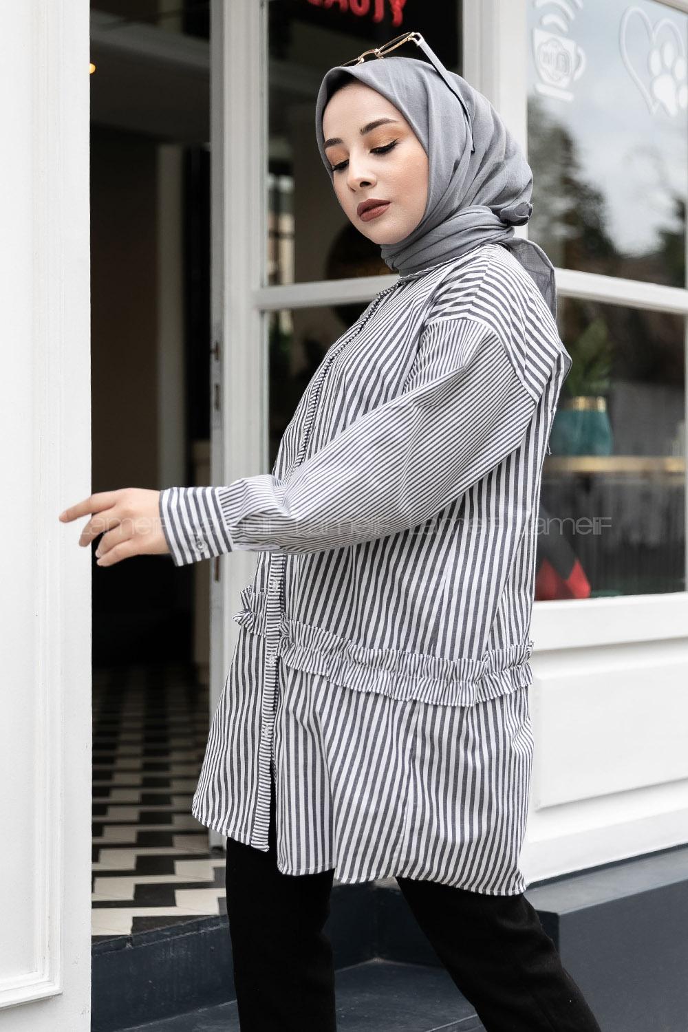 Modalamelif Önü Düğmeli Çizgili Gömlek Siyah