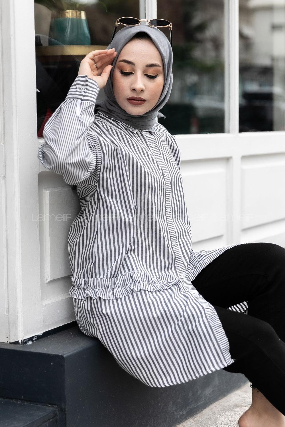 Modalamelif Önü Düğmeli Çizgili Gömlek Siyah