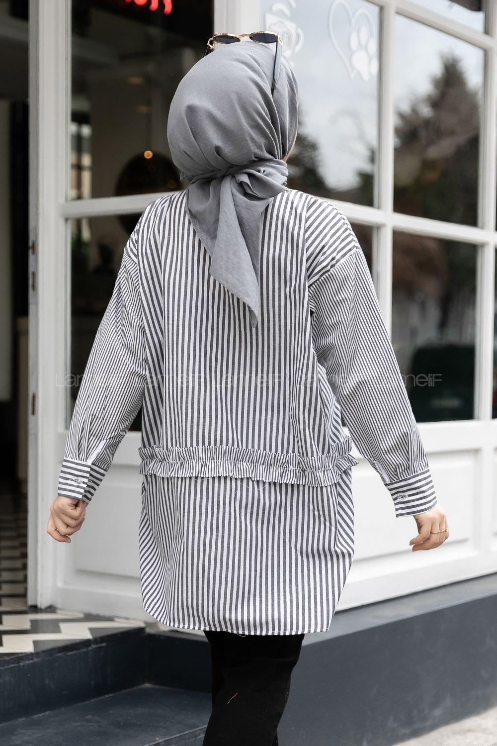 Modalamelif Önü Düğmeli Çizgili Gömlek Siyah