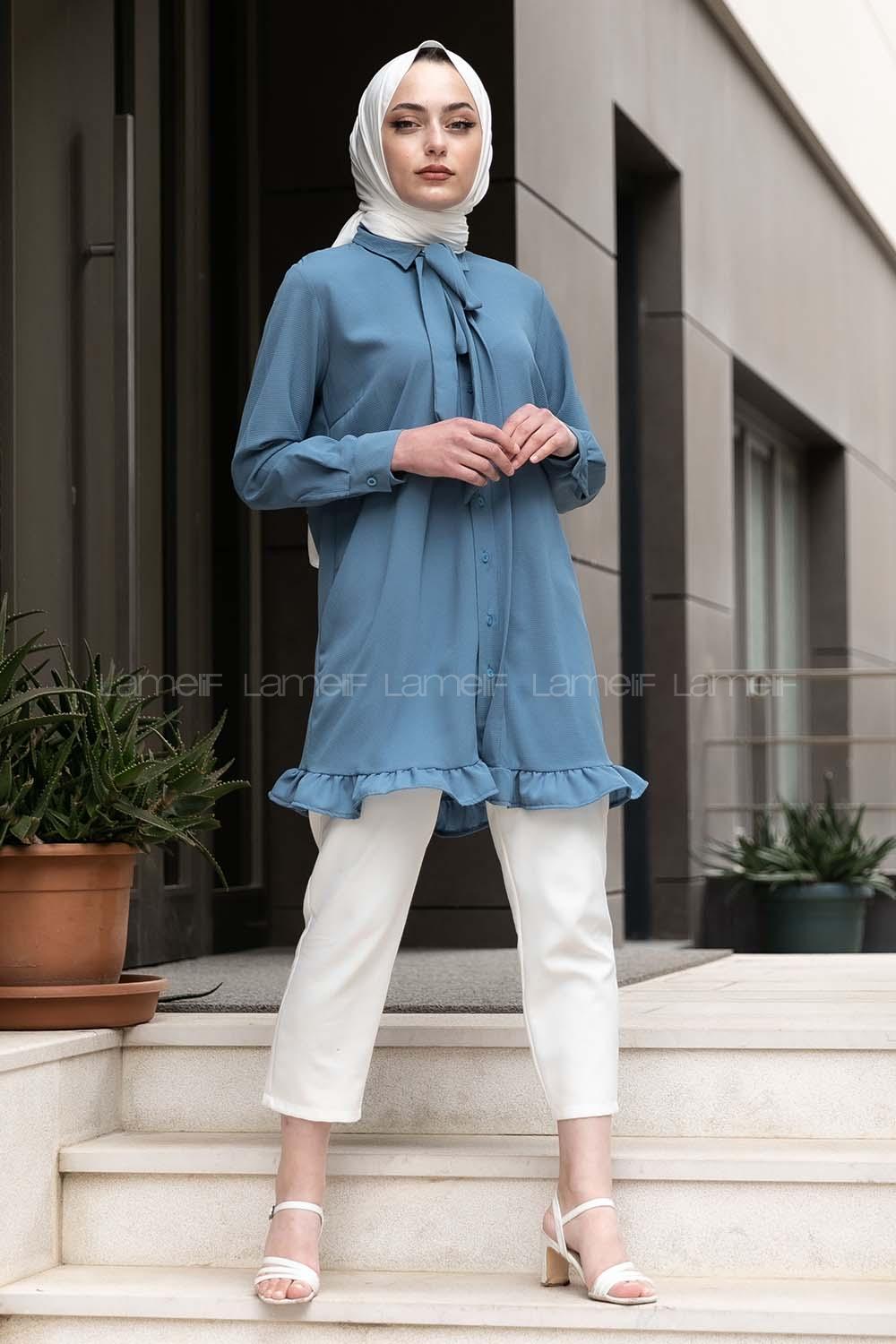 Modalamelif Önü Gizli Düğmeli Fırfırlı Tunik İndigo