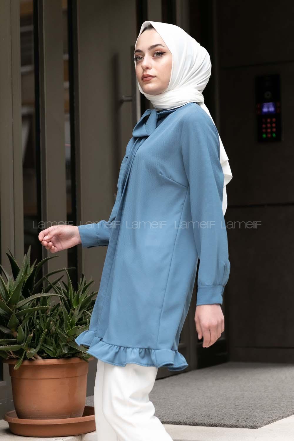 Modalamelif Önü Gizli Düğmeli Fırfırlı Tunik İndigo