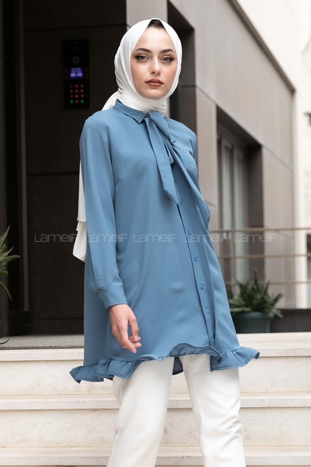 Modalamelif Önü Gizli Düğmeli Fırfırlı Tunik İndigo