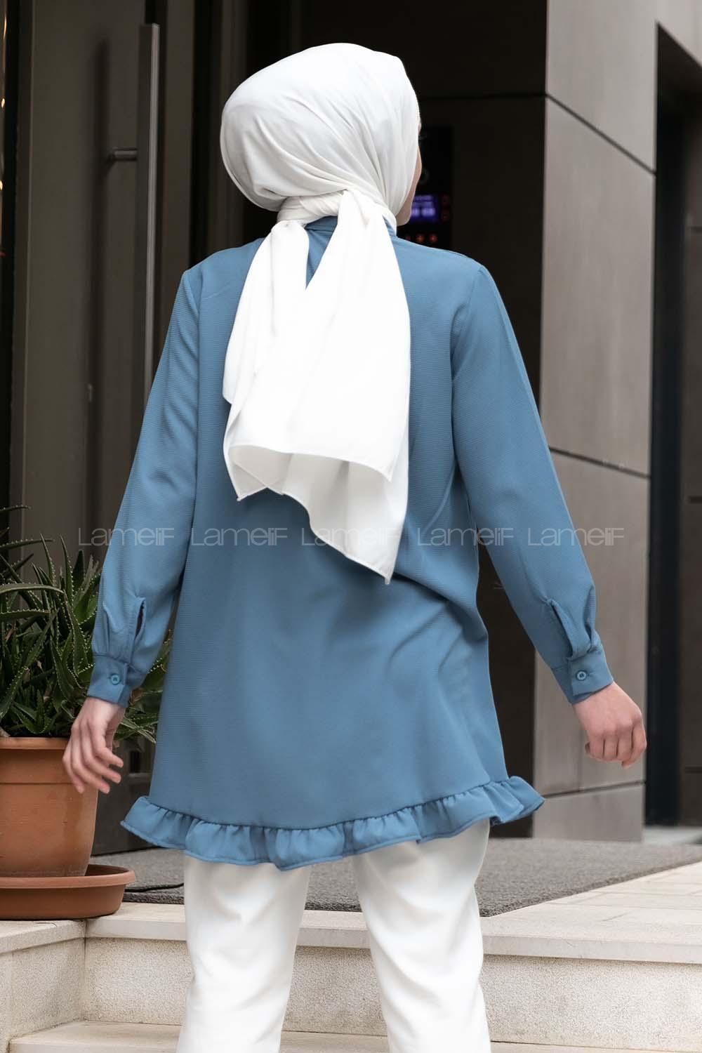 Modalamelif Önü Gizli Düğmeli Fırfırlı Tunik İndigo