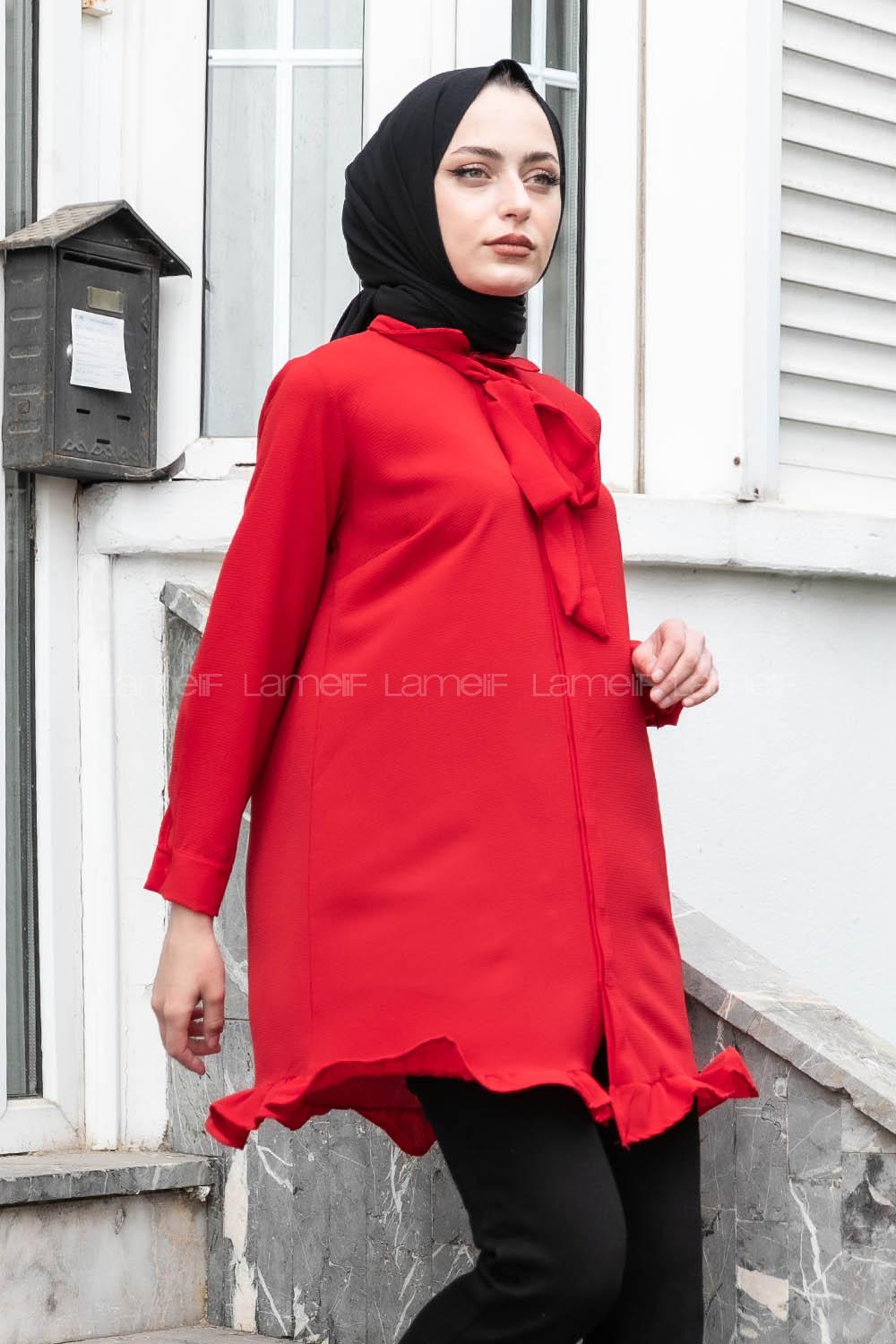 Modalamelif Önü Gizli Düğmeli Fırfırlı Tunik Kırmızı